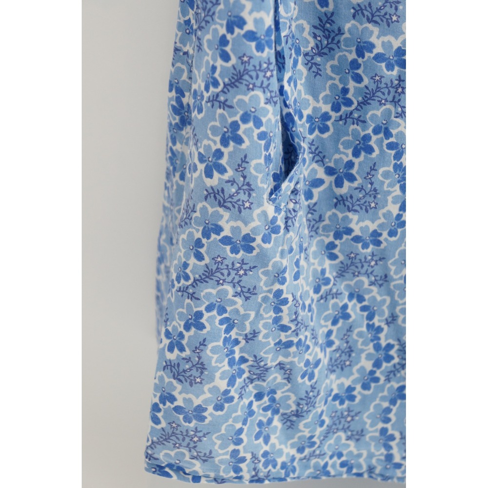 Banjanan Floral Blouse L Blue Cotton Ruffle Neck Short Sleeve Excellent - Picture 3 of 7